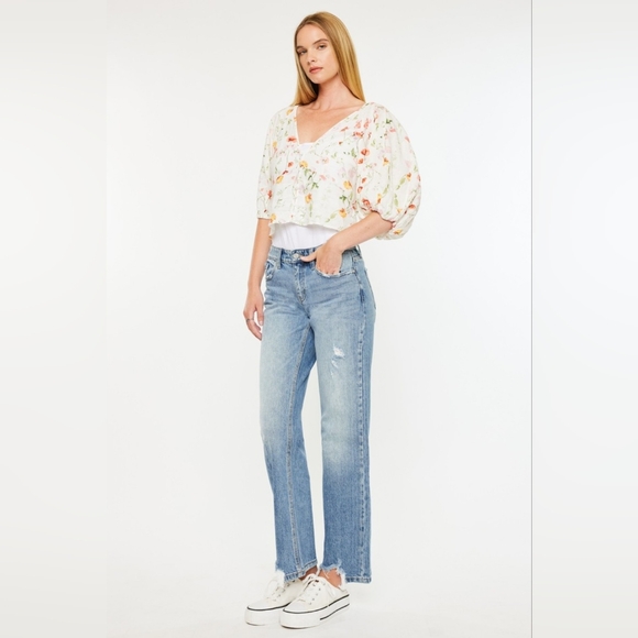 Kancan Mid Rise Frayed Hem Straight Jeans - Picture 4 of 7